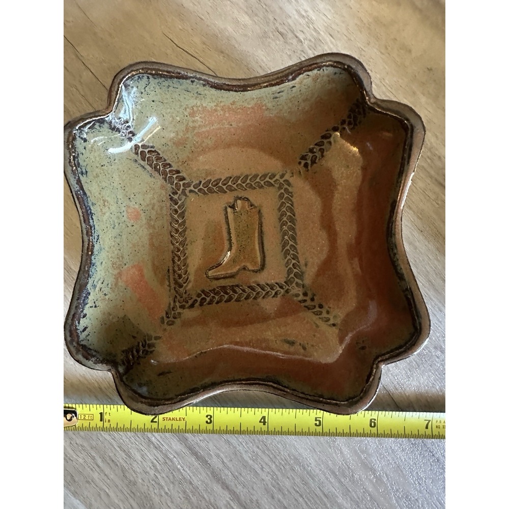 Clay Pottery Hand Made trinket dishes cowboy western boot brown set of 2